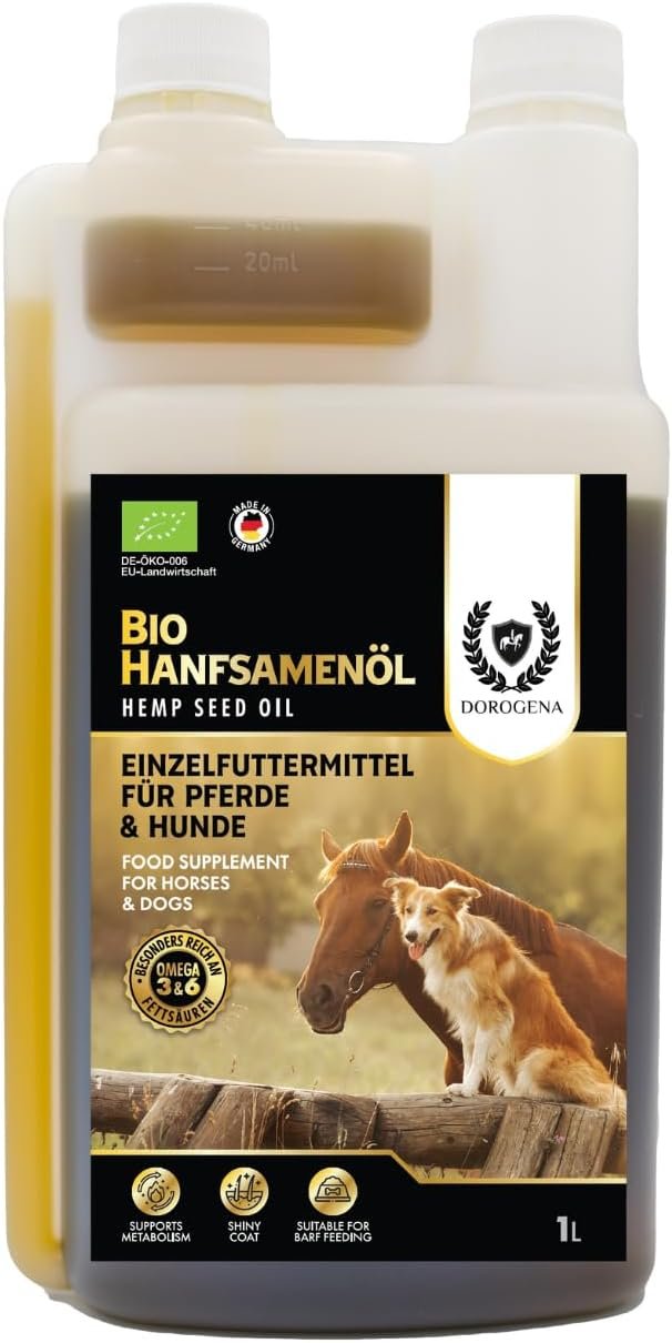 DOROGENA Bio Hanföl & Hanfsamenöl 1L – Für Hunde & Pferde – Kaltgepresst – Omega 3‑6‑9 für Fell, Haut & Gelenke – Natürliches Ergänzungsfuttermittel