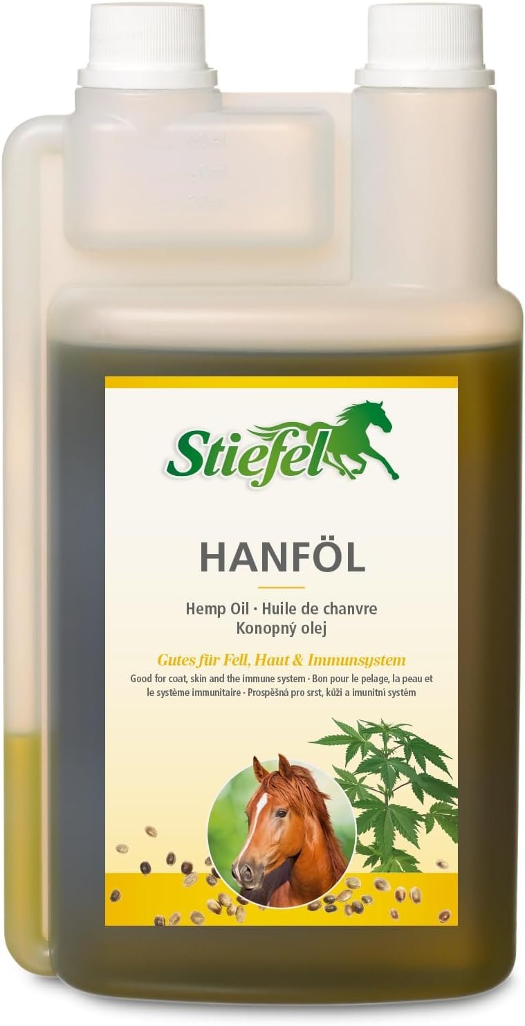 Stiefel Hanföl für Pferde, hochwertiges 100% naturreines Öl, kann das Abwehrsystem unterstützen, Hanfsamen Öl kaltgepresst, Dosierflasche, 1l