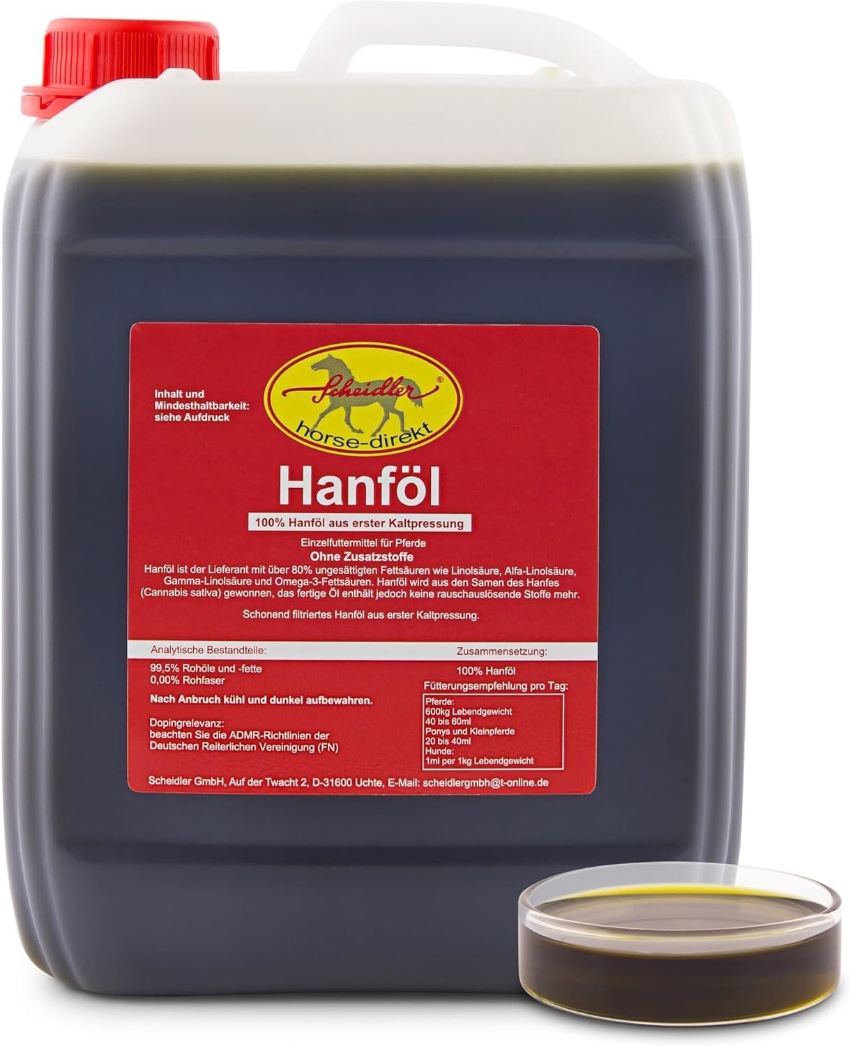 Scheidler horse-direkt Hanföl 2,5 Liter Kanister für Pferde & Hunde, 100% kaltgepresstes Hanföl aus dem Natursamen