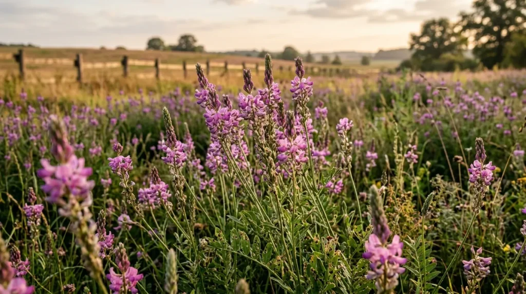 "Blühendes Esparsette-Feld in Brandenburg — die Futterpflanze Sainfoin für Pferde