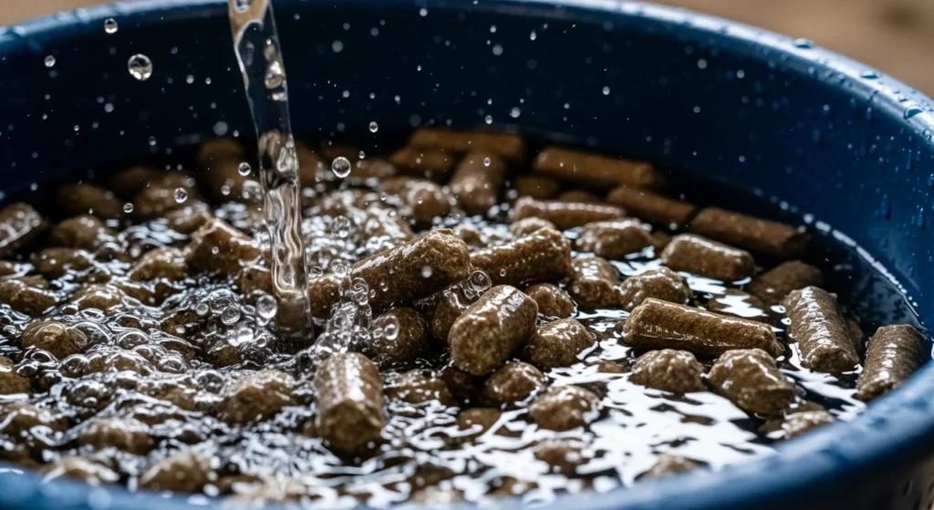 Nahaufnahme von Esparsette-Cobs in einer Futterschüssel, die gerade mit Wasser übergossen werden.