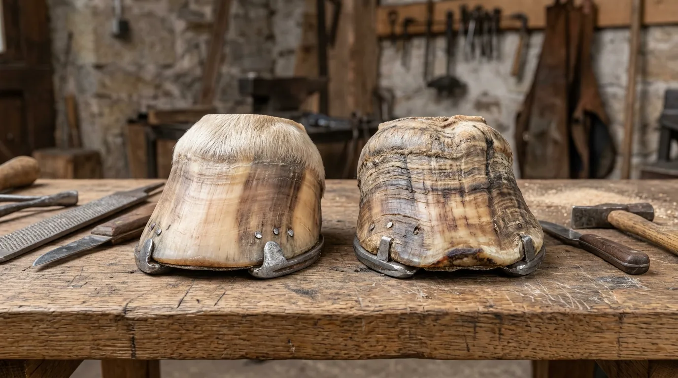 Vergleich eines gesunden Pferdehufs mit einem von Hufrehe betroffenen Huf