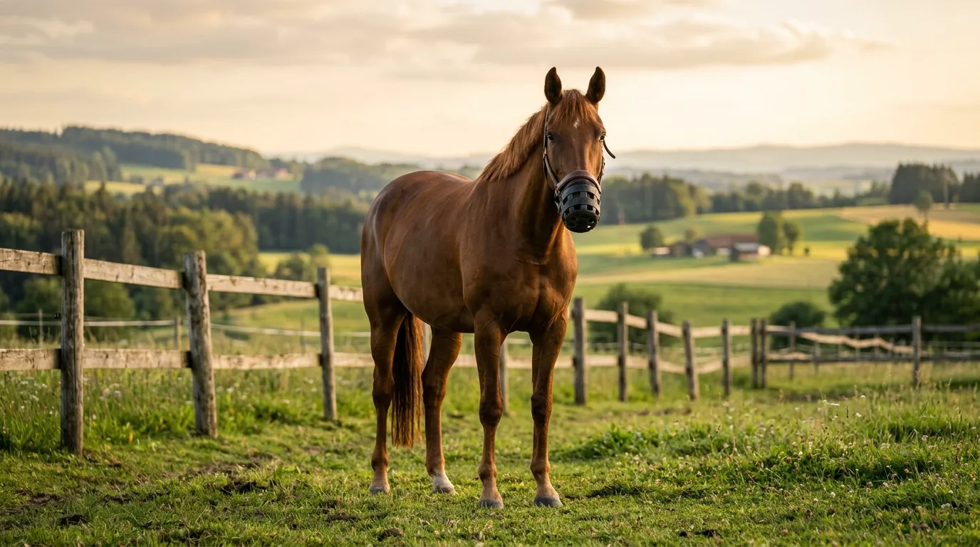 Pferd auf fruktanarmer Weide mit Maulkorb — Hufrehe-Prävention