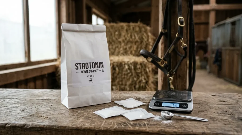 Strotonin 1g-Beutel und Dosierungstabelle für Pferde — L-Tryptophan und Magnesium Fumarat Ergänzungsfuttermittel
