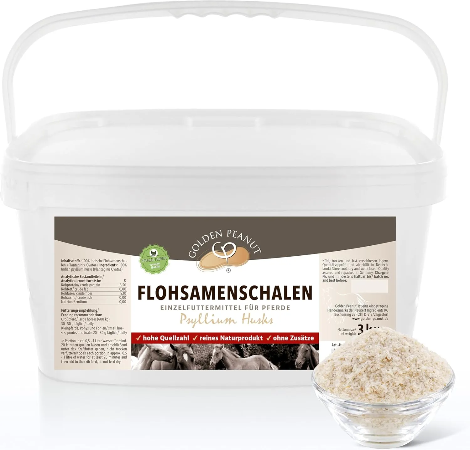 GOLDEN PEANUT Indische Flohsamenschalen 95% Reinheit - für Pferde und Ponys 3 kg