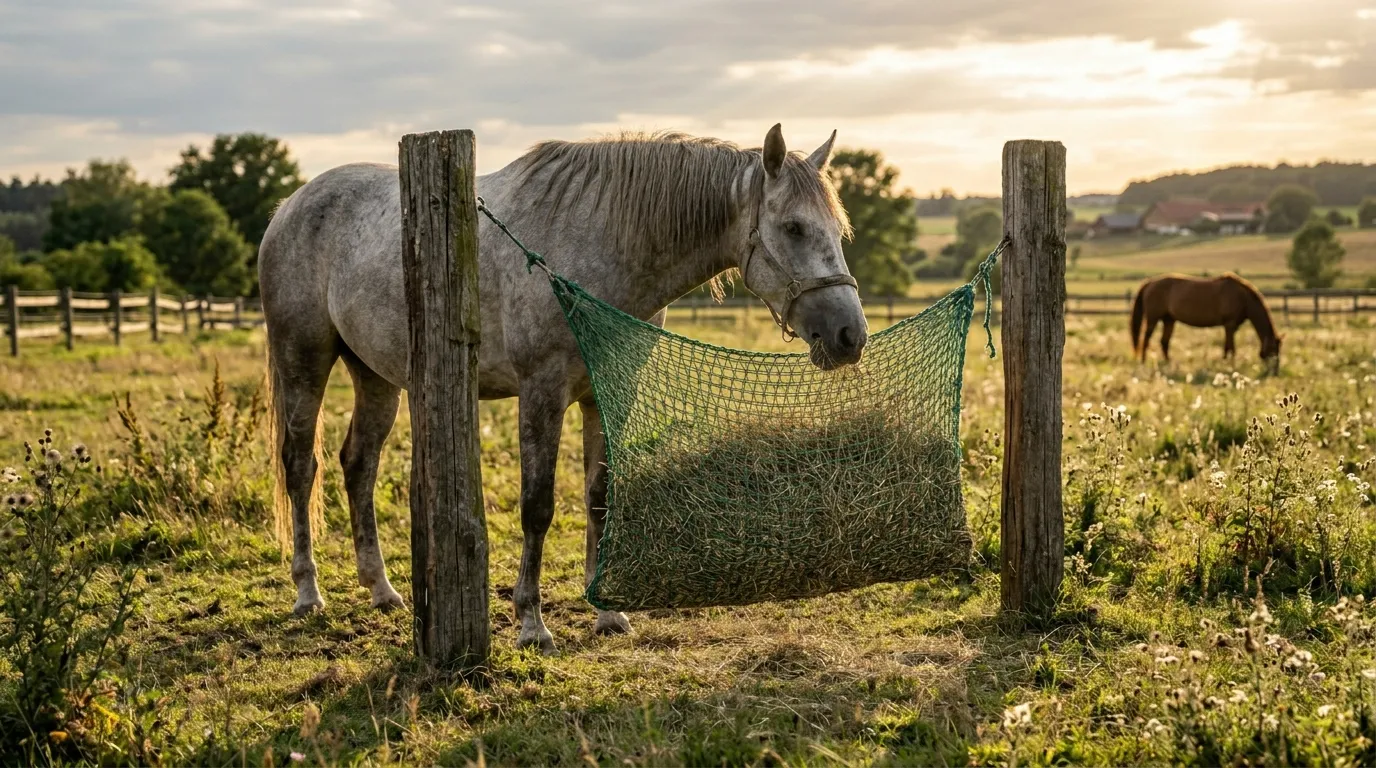 Pferd auf der Weide frisst langsam von einem Heunetz — die beste Kolik-Vorbeugung ist artgerechte Fütterung