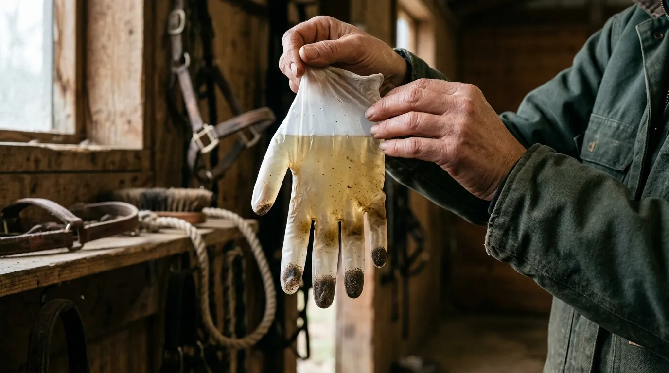 Handschuh-Kotprobe beim Pferd: Sand hat sich in den Fingerspitzen des Einmalhandschuhs abgesetzt
