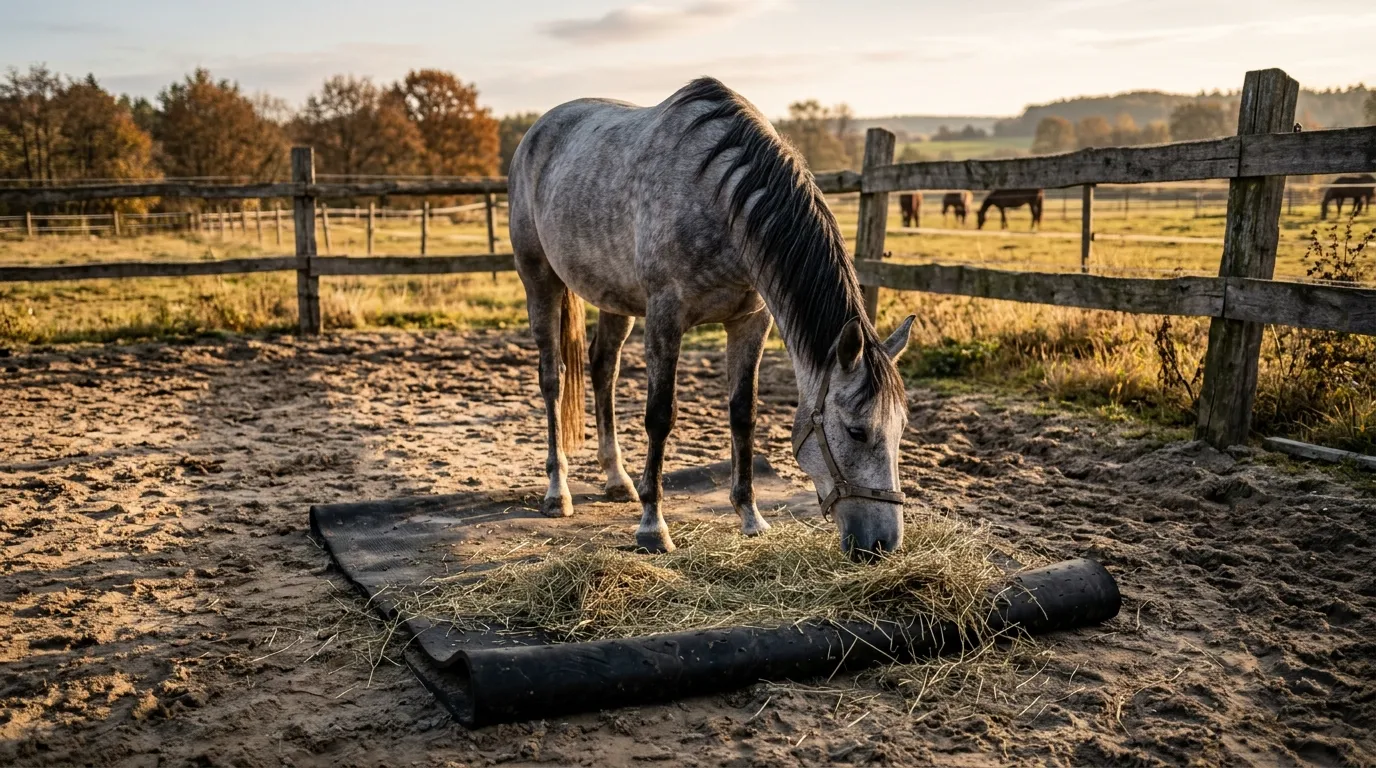 Pferd frisst Heu von einer Gummimatte auf sandigen Paddock — Schutz vor Sandaufnahme und Sandkolik