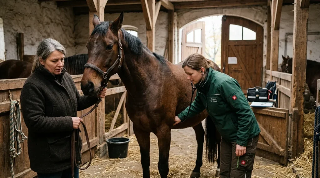Tierärztin auskultiert den Bauch eines Pferdes im Stall zur Diagnose einer möglichen Sandkolik