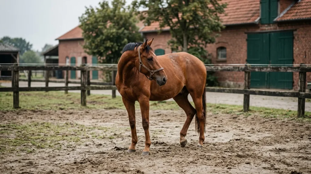 Pferd mit Gaskolik schaut auf den Bauch — typisches Kolik-Anzeichen auf sandiger Fläche