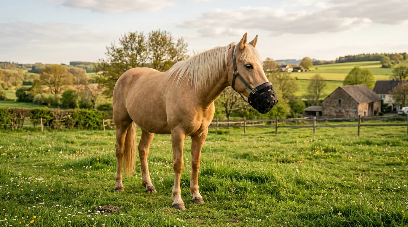 Pferd mit Maulkorb auf Frühlingsweide zum Schutz vor fruktanreichem Gras und Gaskolik